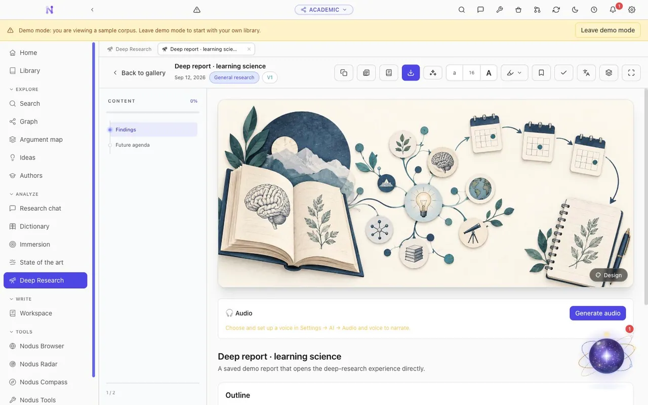 Nodus Research Deep Research report on learning science with an AI-generated illustration