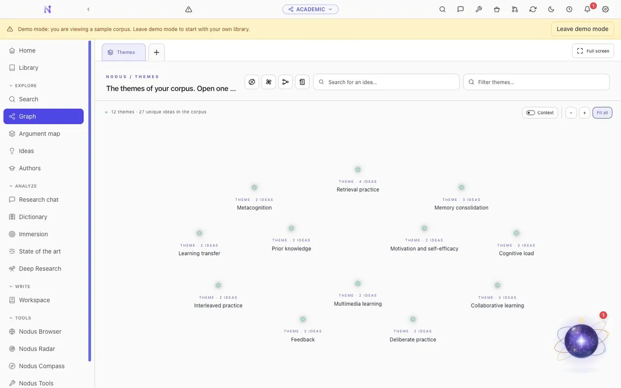 Academic vault demo with a twelve-theme knowledge graph in Nodus Research