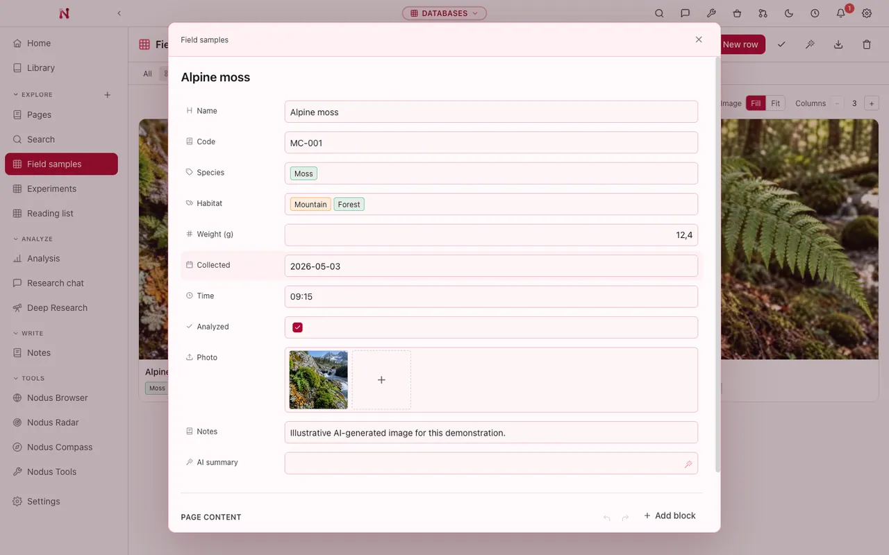 Nodus databases vault: edit a record with categories, dates and source notes