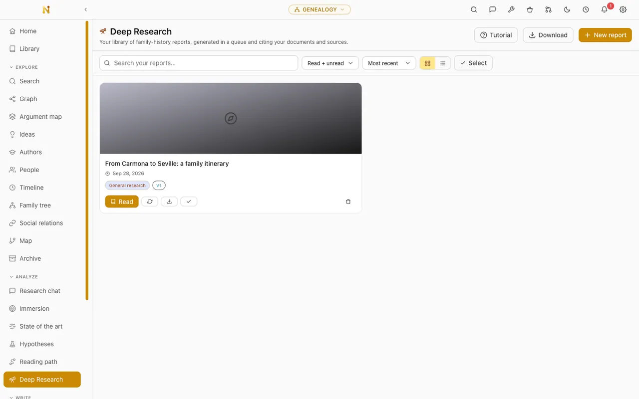 Family-history report drafted over the archive, with one section per set of evidence