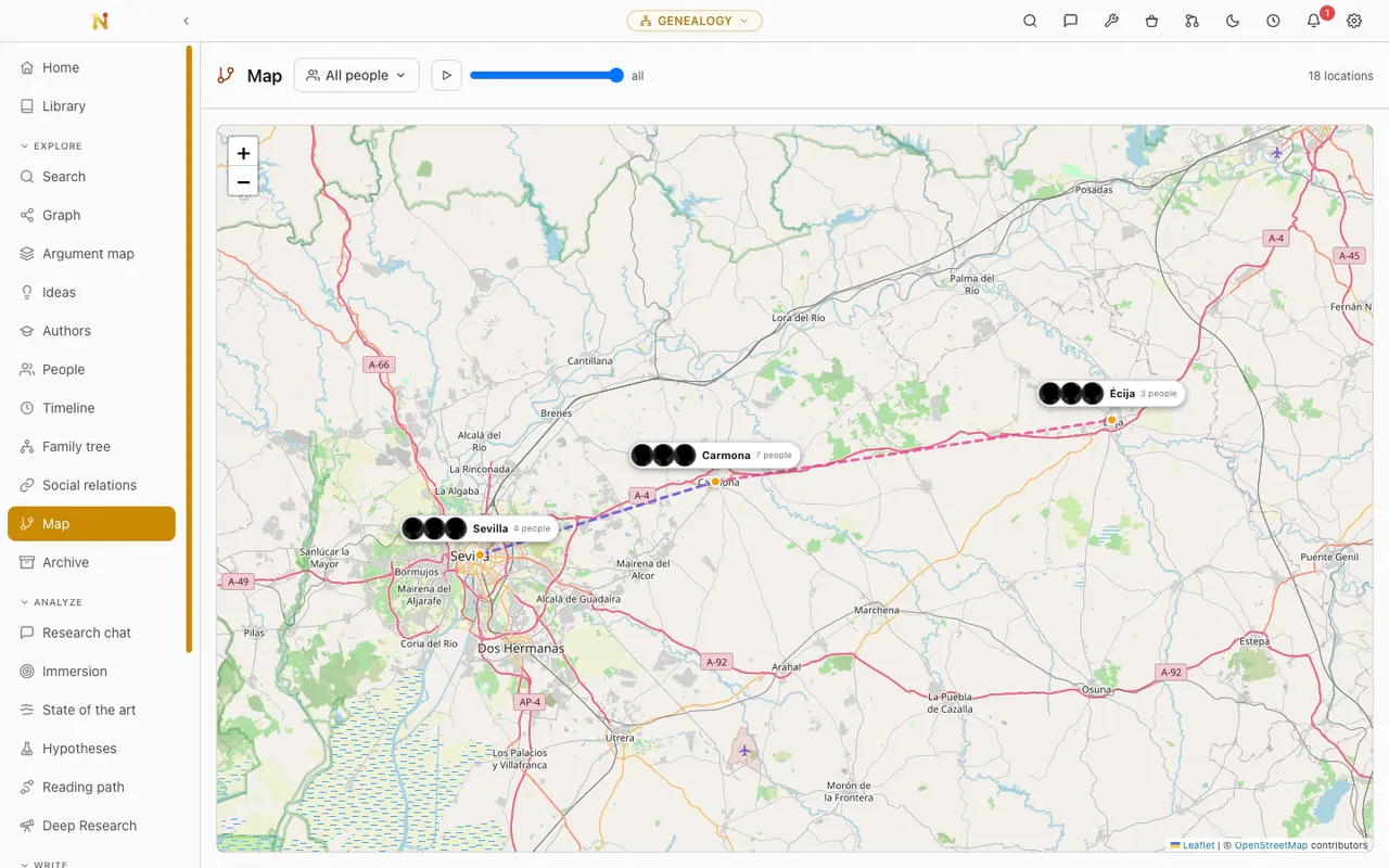 Genealogy map with the family’s places marked, the people recorded at each one, and the migration routes between them