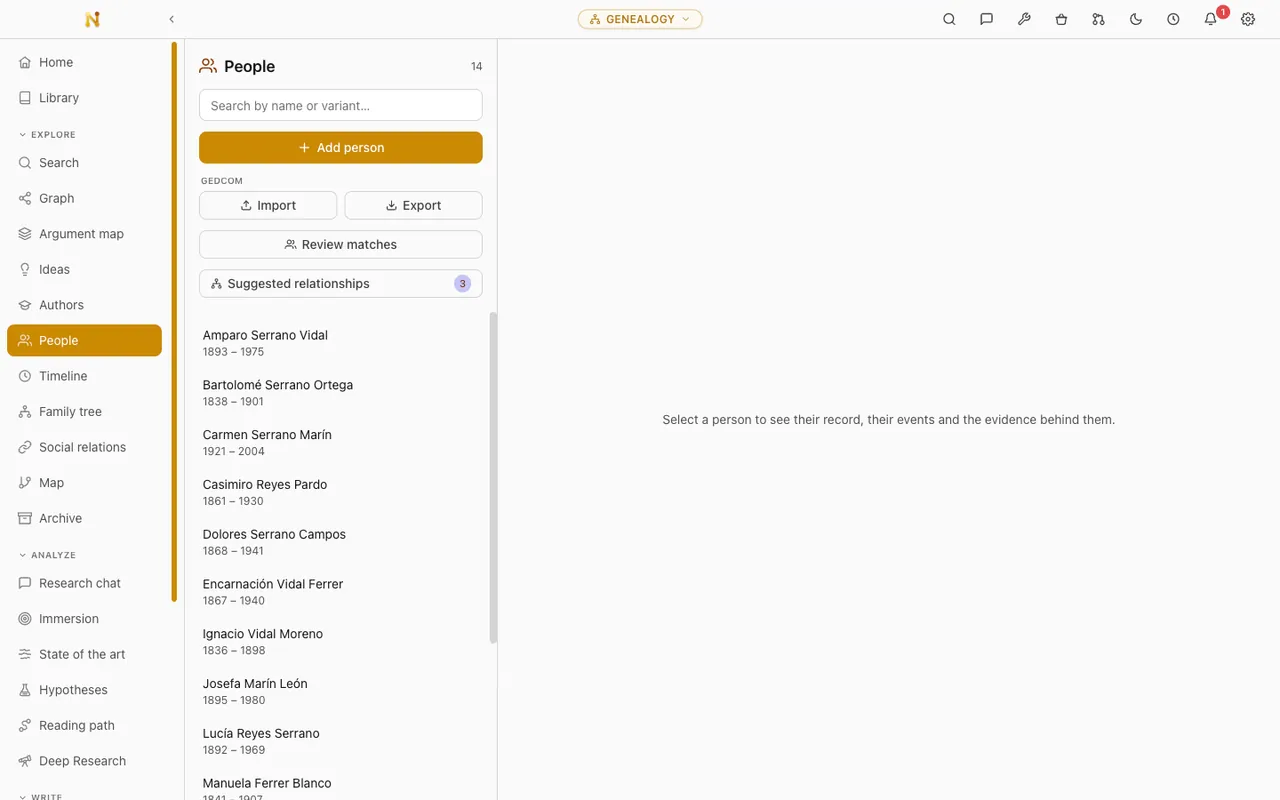 Person record in the genealogy vault with the events, name variants and documents that mention them