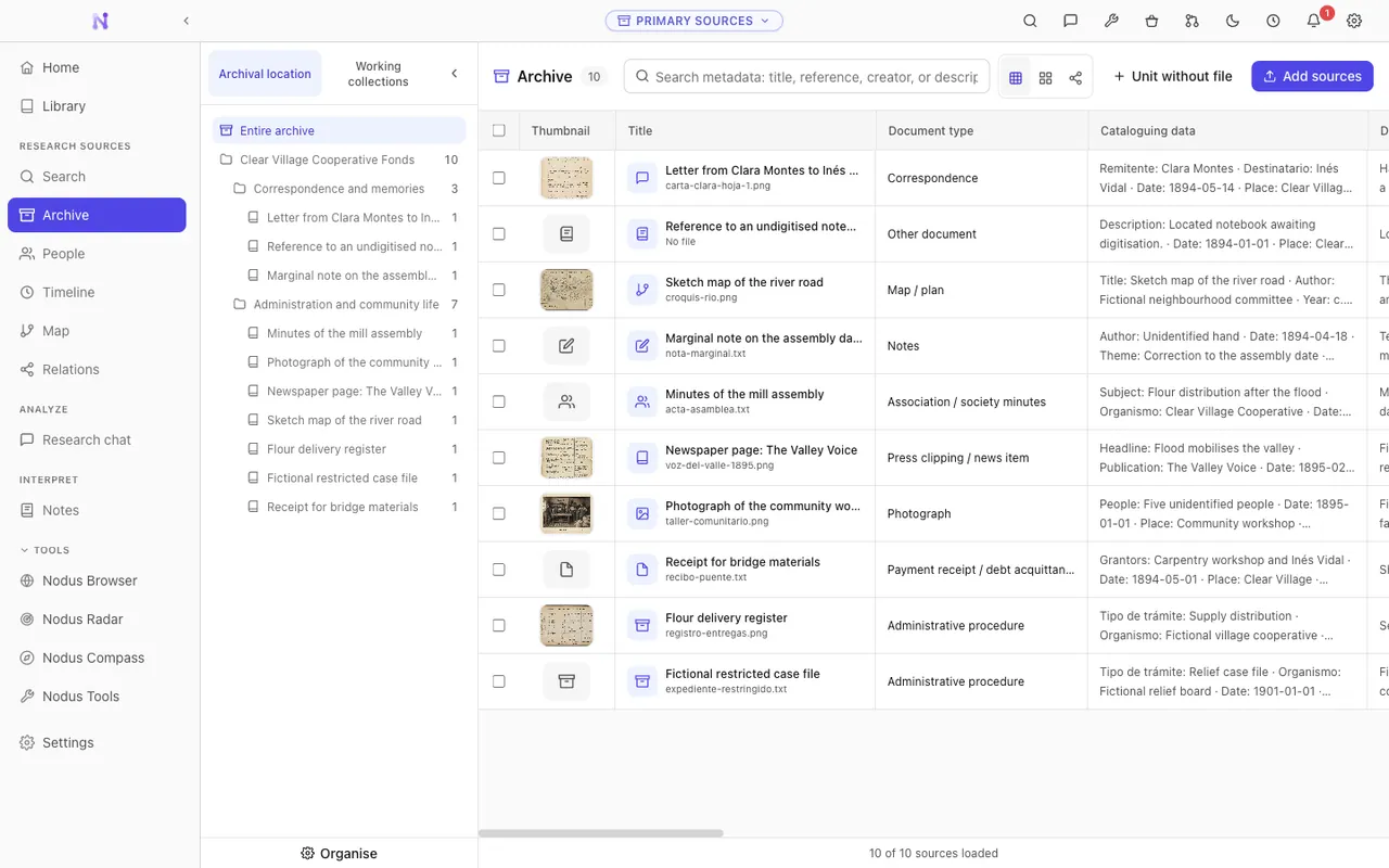 Archive of a primary-sources vault: catalogue folders, document types and the scans themselves