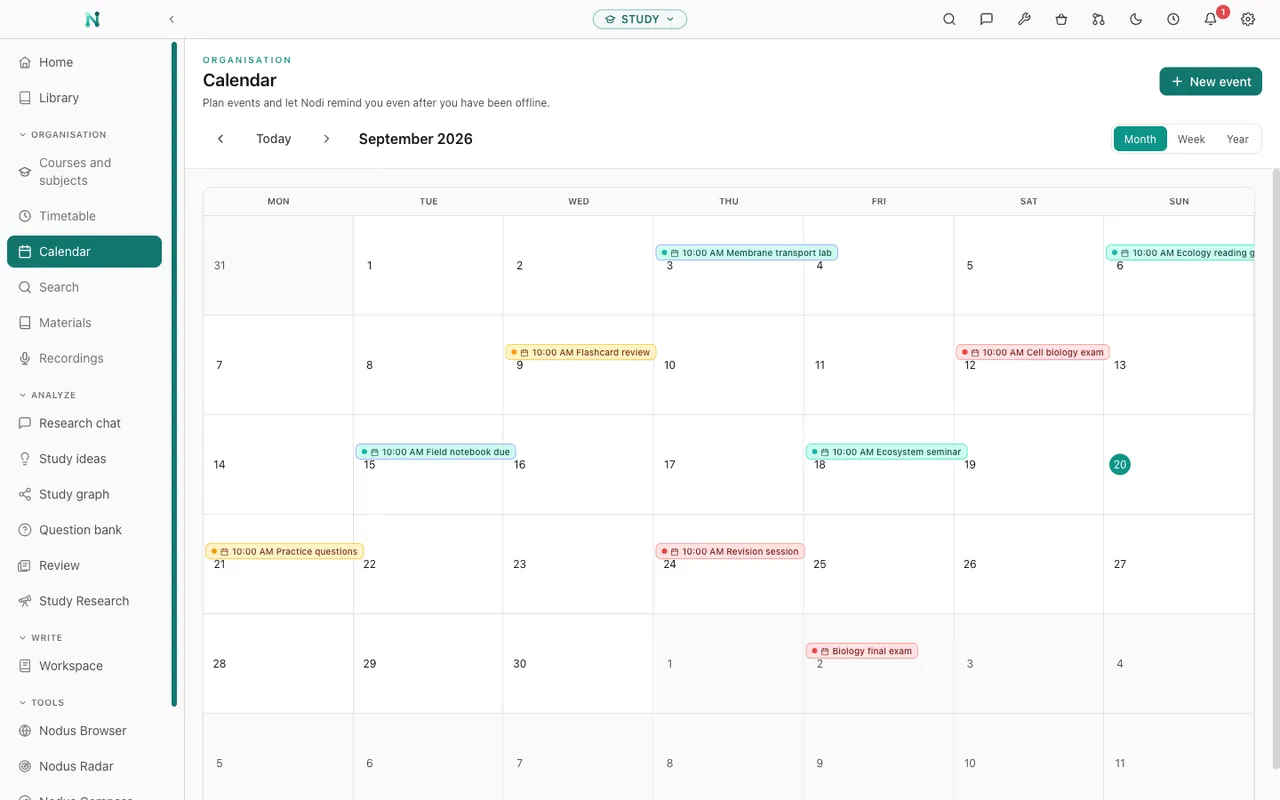 Nodus study vault: Keep exams, laboratory sessions and revision deadlines together in the calendar.