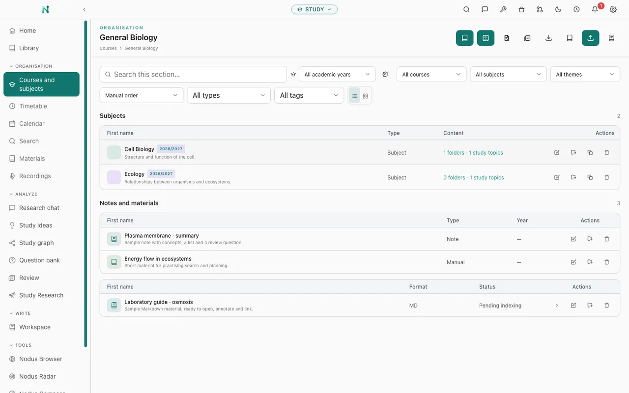 Nodus study vault: Organise courses, subjects and topics alongside their notes and study materials.