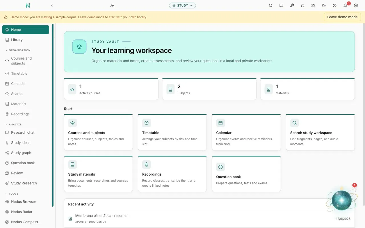 Study vault demo in Nodus Research, with a course plan, materials, question banks and review