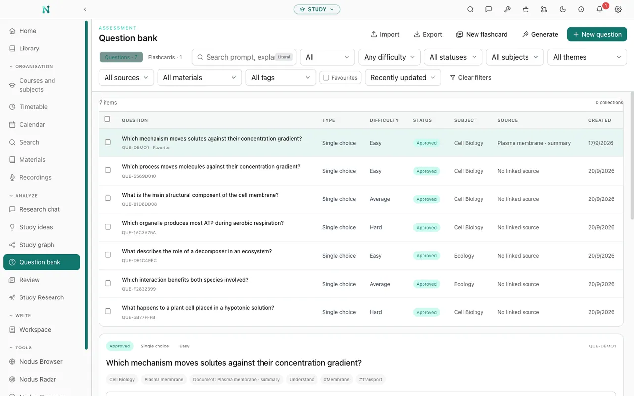 Nodus study vault: question bank with answers, difficulty, subjects and source evidence