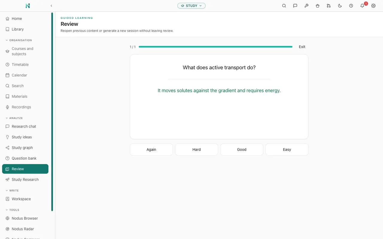 Nodus study vault: a review session tailored by subject, theme and question type