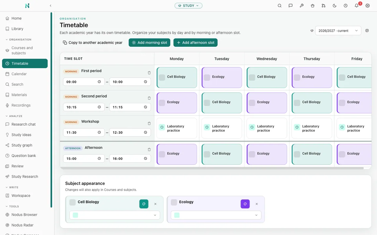Nodus study vault: plan the week with a timetable for your subjects