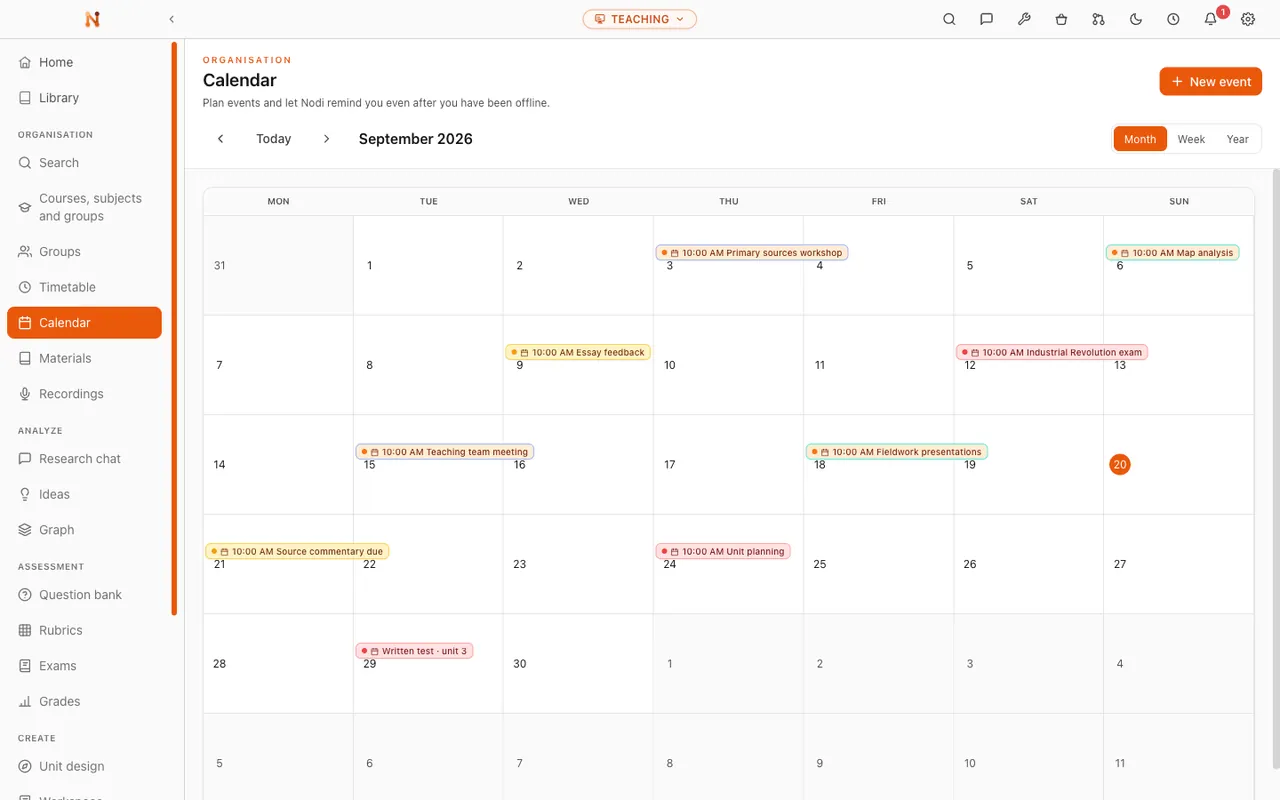 Nodus teaching vault: classes, deadlines and events in one calendar