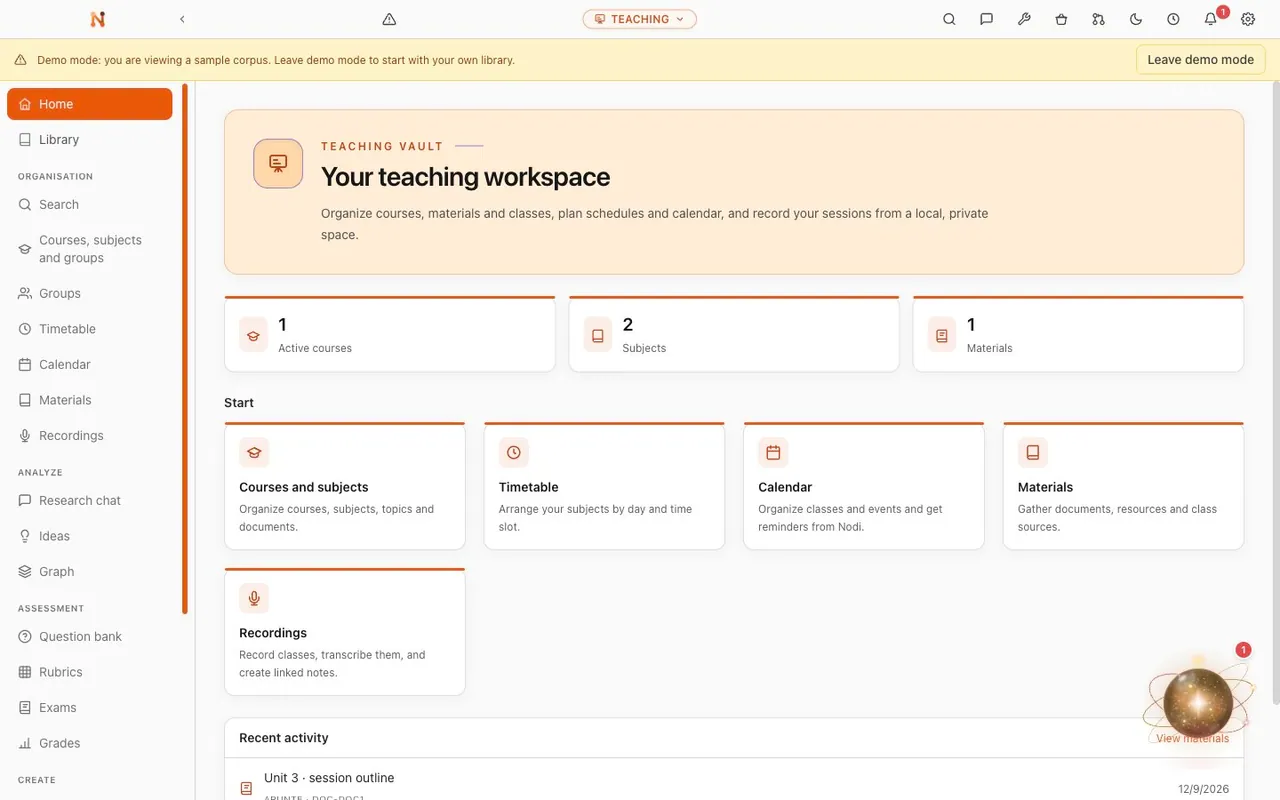 Teaching vault demo in Nodus Research, with courses, groups, rubrics and a gradebook