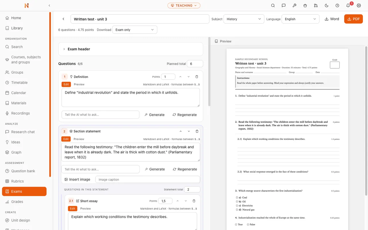 Nodus teaching vault: Create an exam with question types, points and a live print preview for Word or PDF.