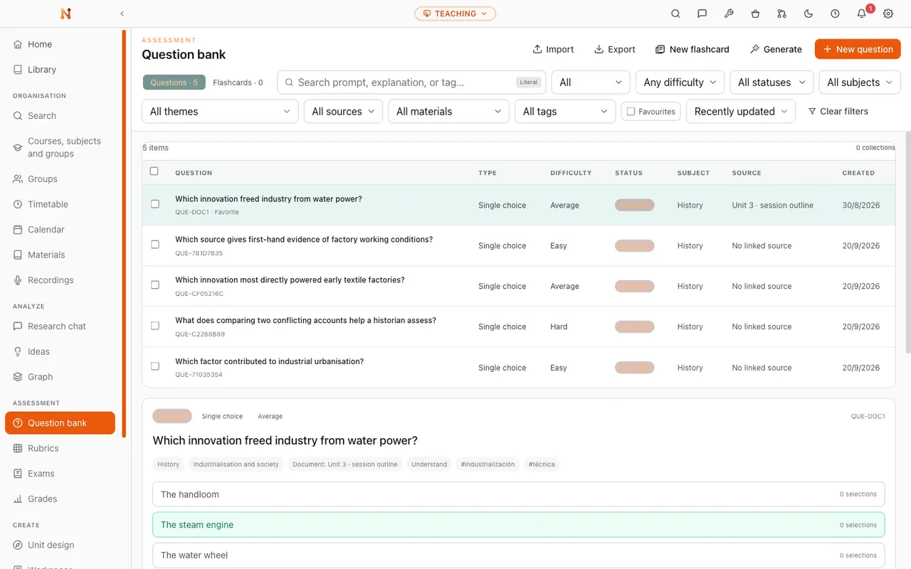 Nodus teaching vault: question banks with answers, explanations and source passages