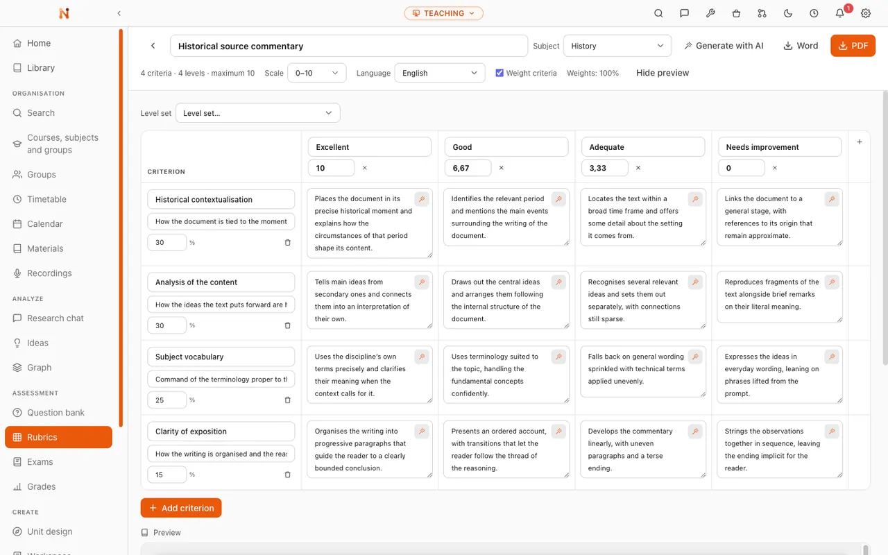 Nodus teaching vault: an open assessment rubric with weighted criteria and achievement levels