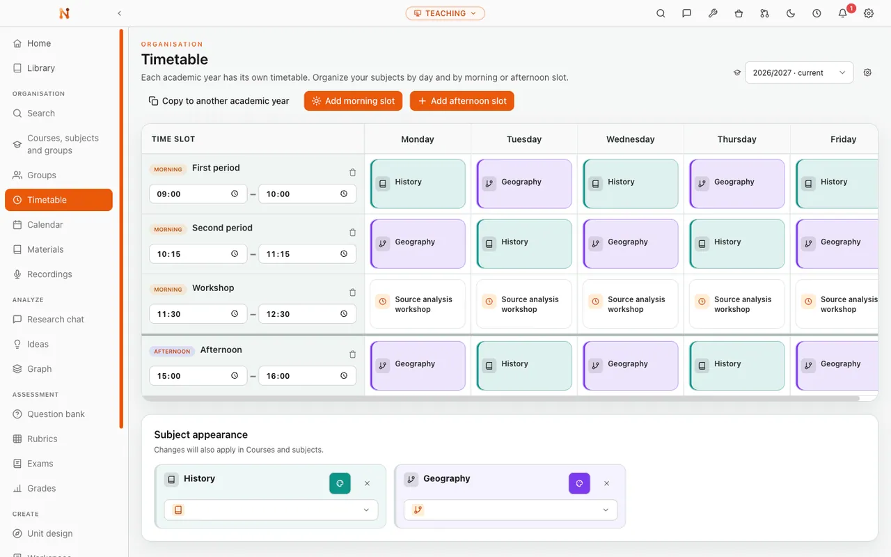 Nodus teaching vault: the weekly teaching timetable across subjects