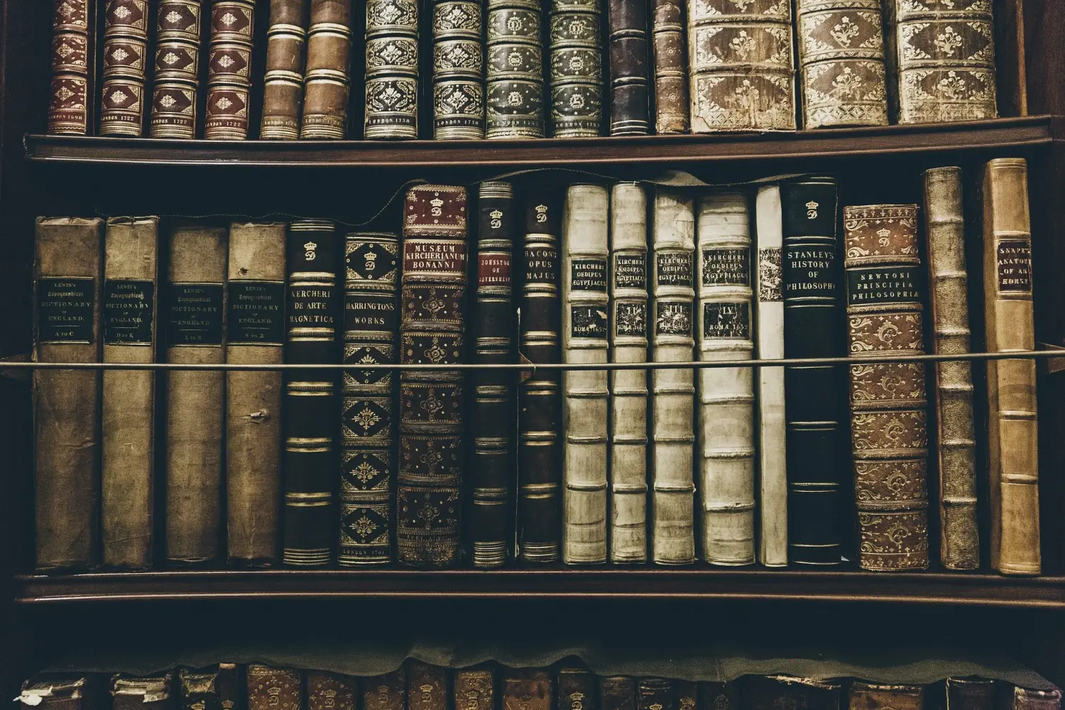 Shelves of leather-bound seventeenth and eighteenth century books in an old library, their spines lettered in gold.